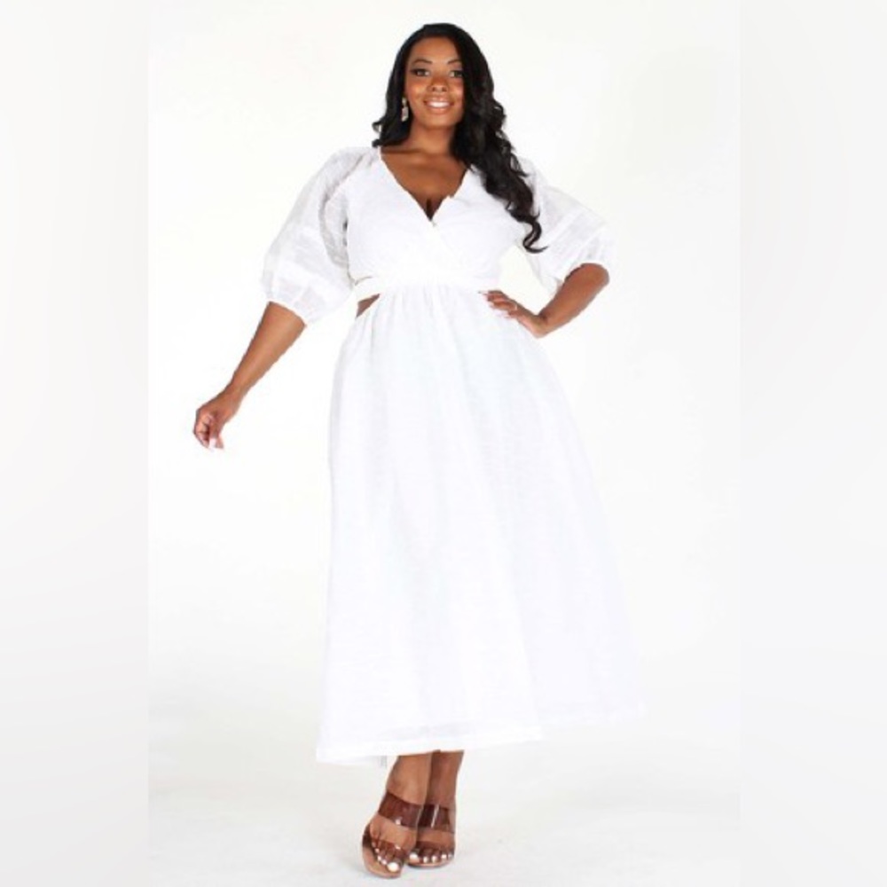 Plus size V Neck- wrap top dress with cutout waistline and bishop sleeves